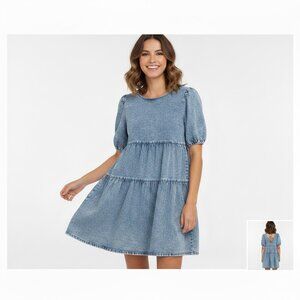 Idem Ditto VICI Blue Denim Tiered Mini Dress with Lace-Up Back - Size Small